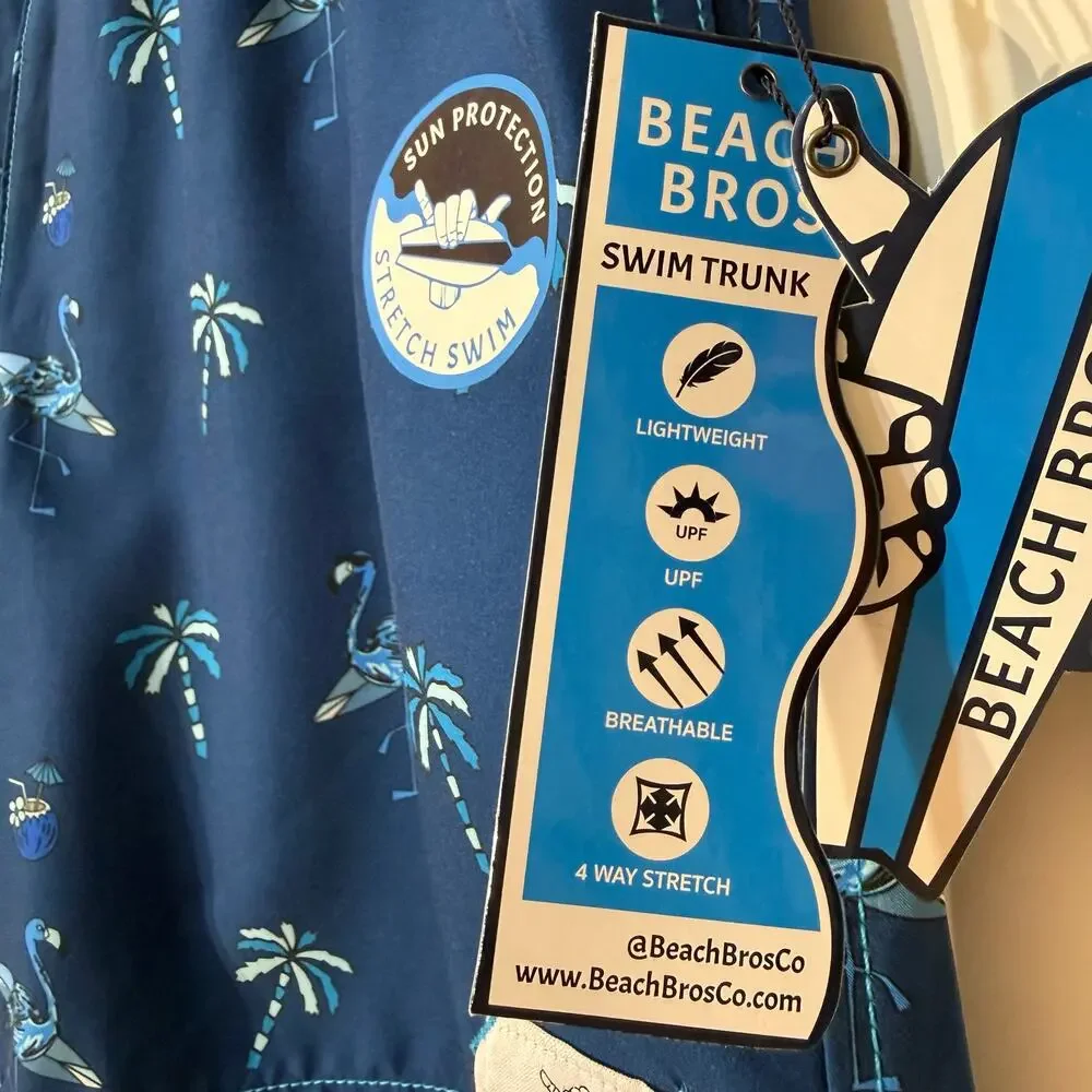 Beach Bros Swim Trunk / Swimsuit Dark Blue with Palm Trees, Men's Size M